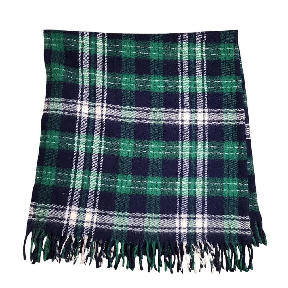 Faribault Woolen Mills Co Blue-Green-White Plaid Tartan Fringed Acrylic Blanket